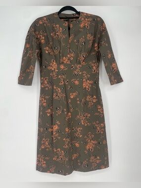 Floral Olive & Orange Midi Dress In Vintage Style, Size 6